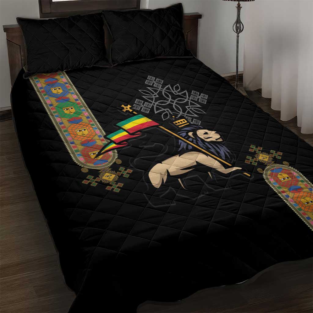 Ethiopia Saba Kemis Quilt Bed Set Lion Of Judah Black Color LT15