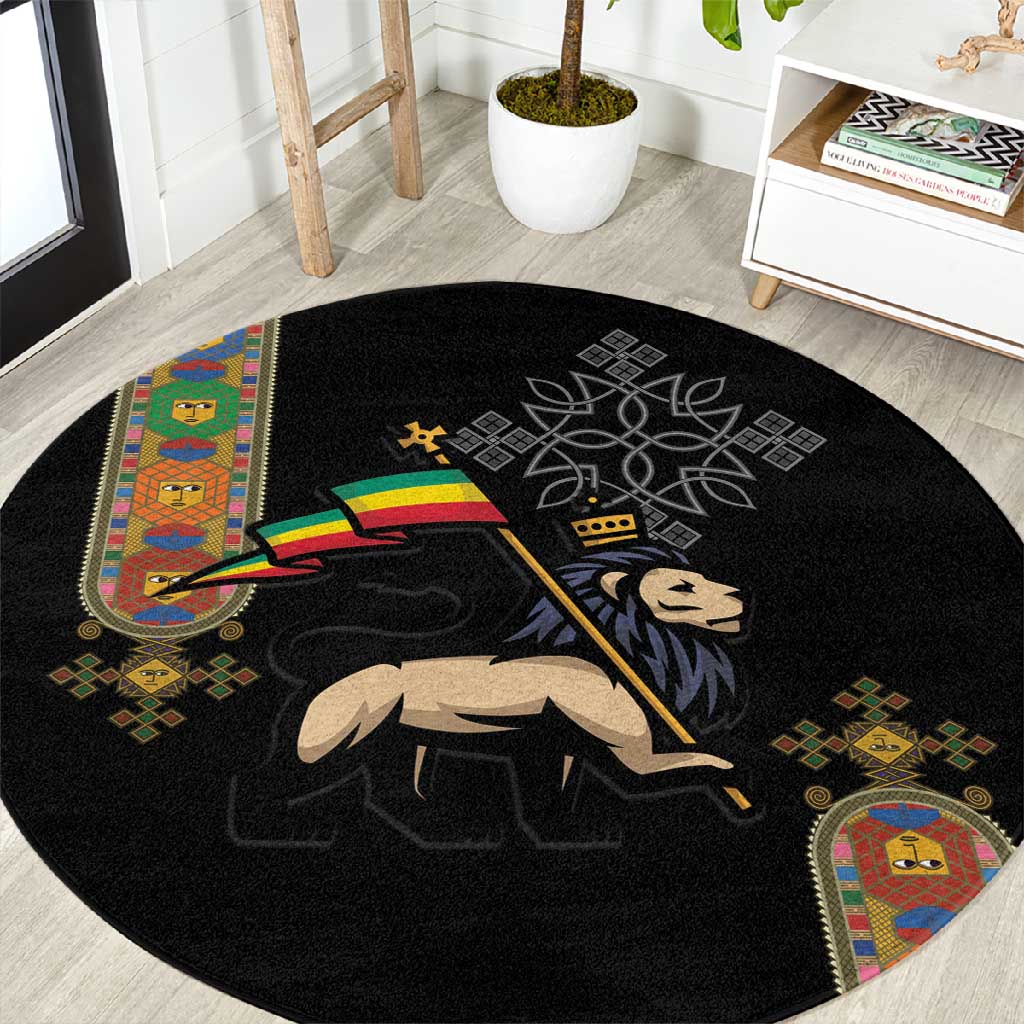 Ethiopia Saba Kemis Round Carpet Lion Of Judah Black Color LT15