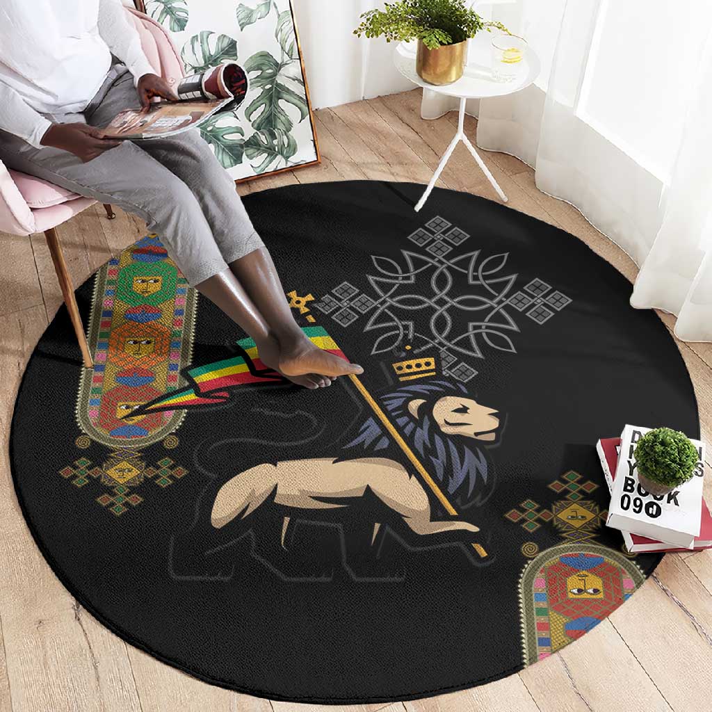 Ethiopia Saba Kemis Round Carpet Lion Of Judah Black Color LT15