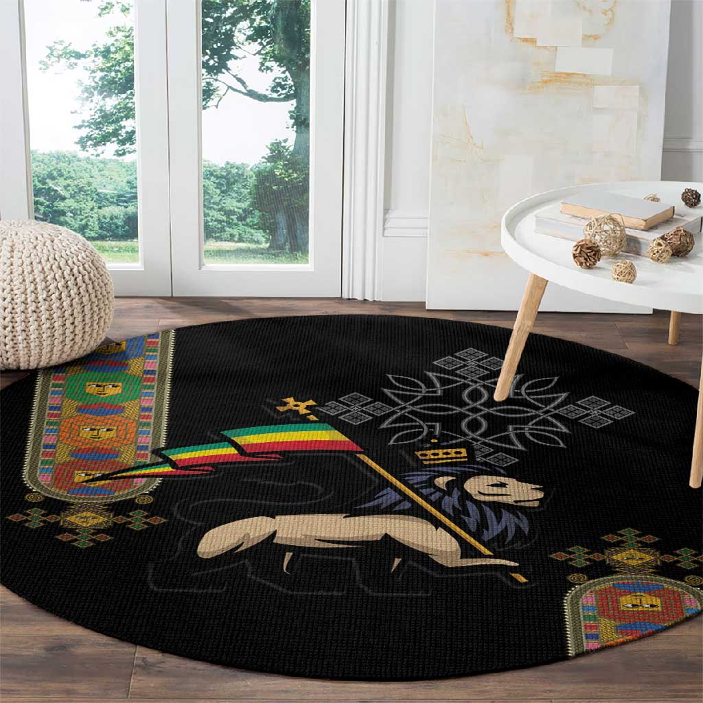 Ethiopia Saba Kemis Round Carpet Lion Of Judah Black Color LT15