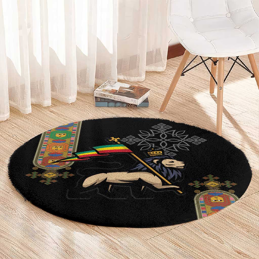 Ethiopia Saba Kemis Round Carpet Lion Of Judah Black Color LT15