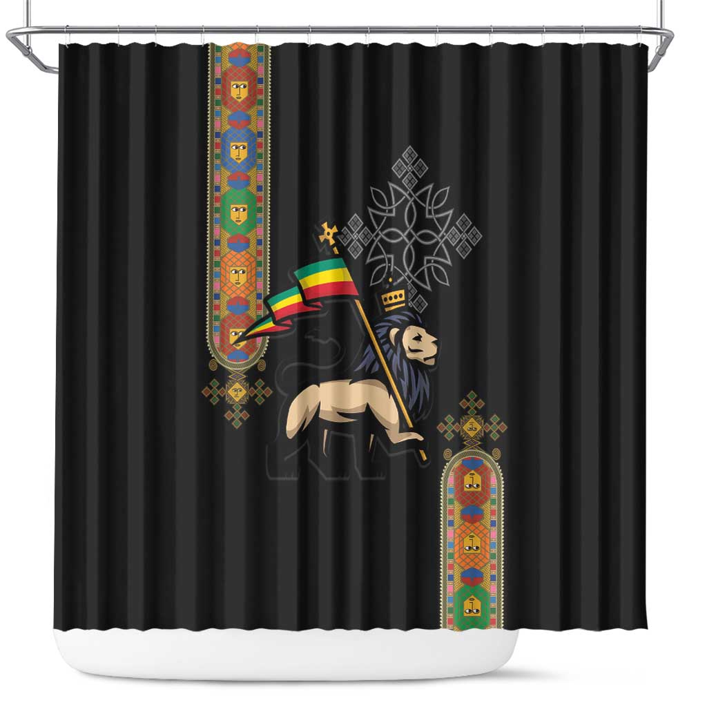 Ethiopia Saba Kemis Shower Curtain Ethiopian Cross Lion Of Judah Black Color LT15