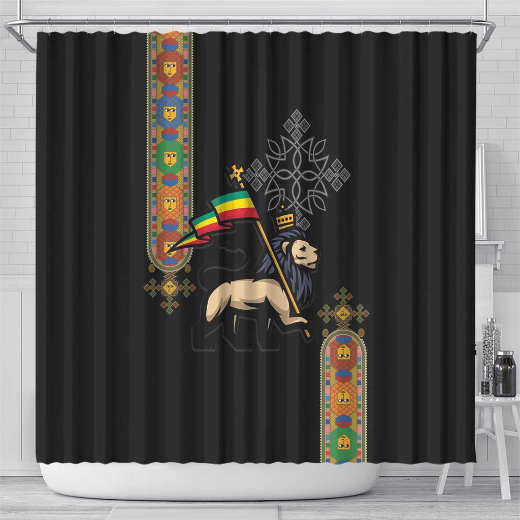 Ethiopia Saba Kemis Shower Curtain Ethiopian Cross Lion Of Judah Black Color LT15