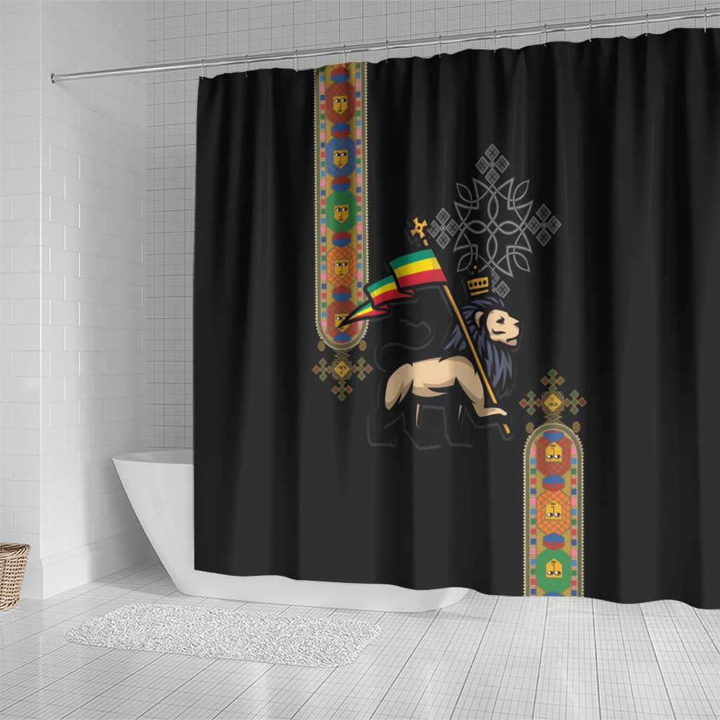Ethiopia Saba Kemis Shower Curtain Ethiopian Cross Lion Of Judah Black Color LT15