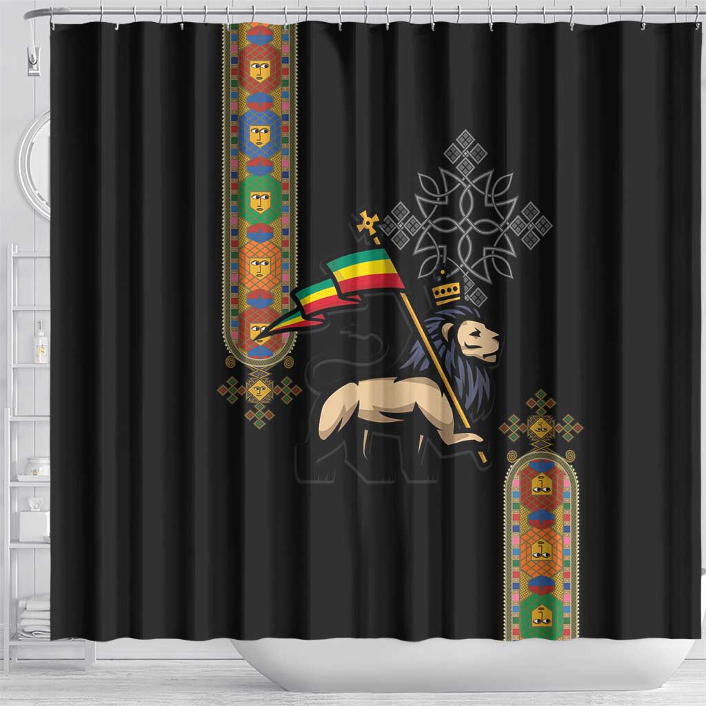 Ethiopia Saba Kemis Shower Curtain Ethiopian Cross Lion Of Judah Black Color LT15