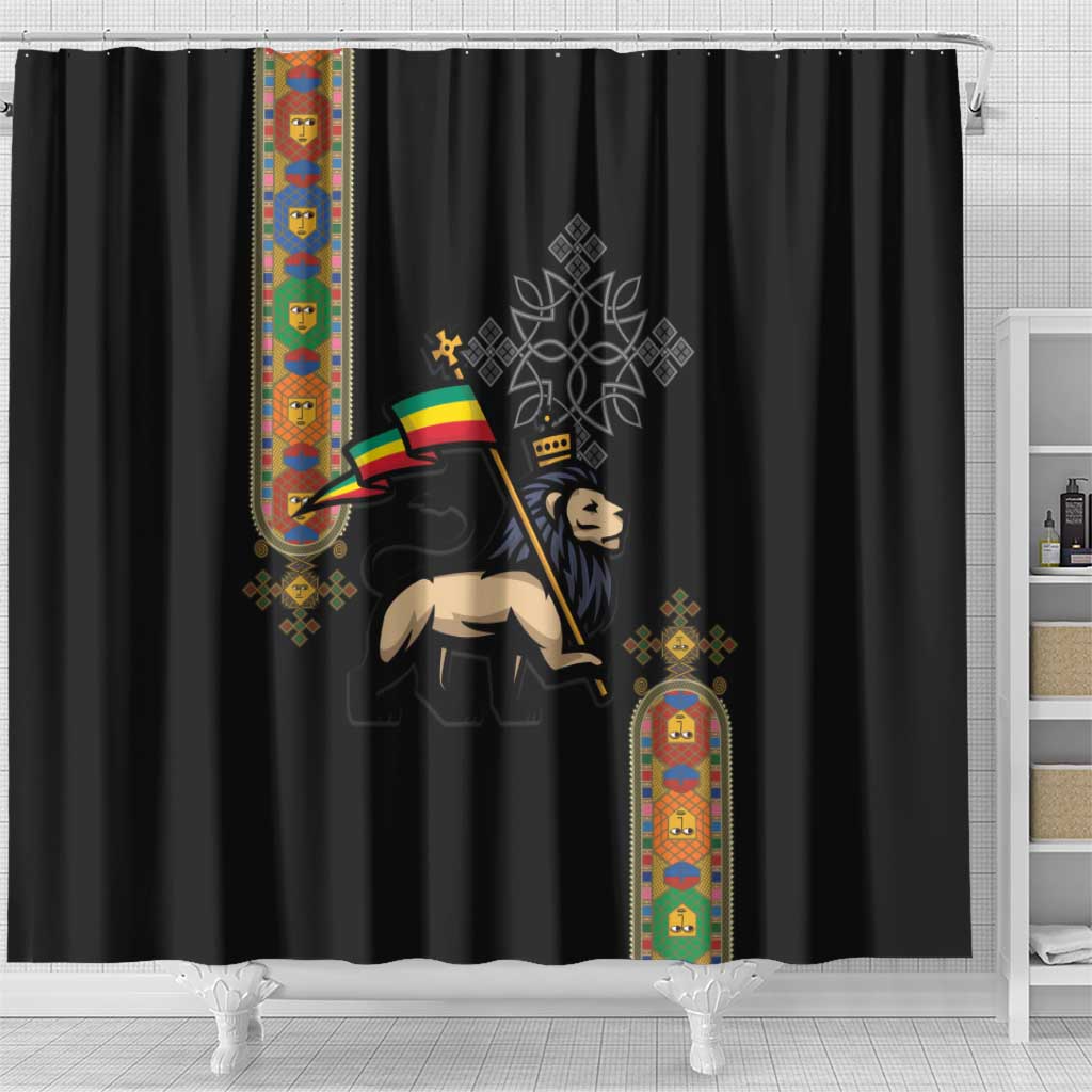 Ethiopia Saba Kemis Shower Curtain Ethiopian Cross Lion Of Judah Black Color LT15