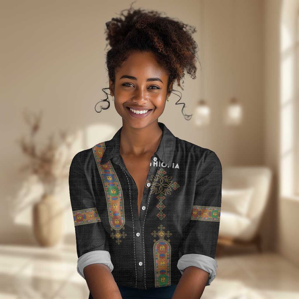 Ethiopia Saba Kemis Women Casual Shirt Lion Of Judah Black Color LT15