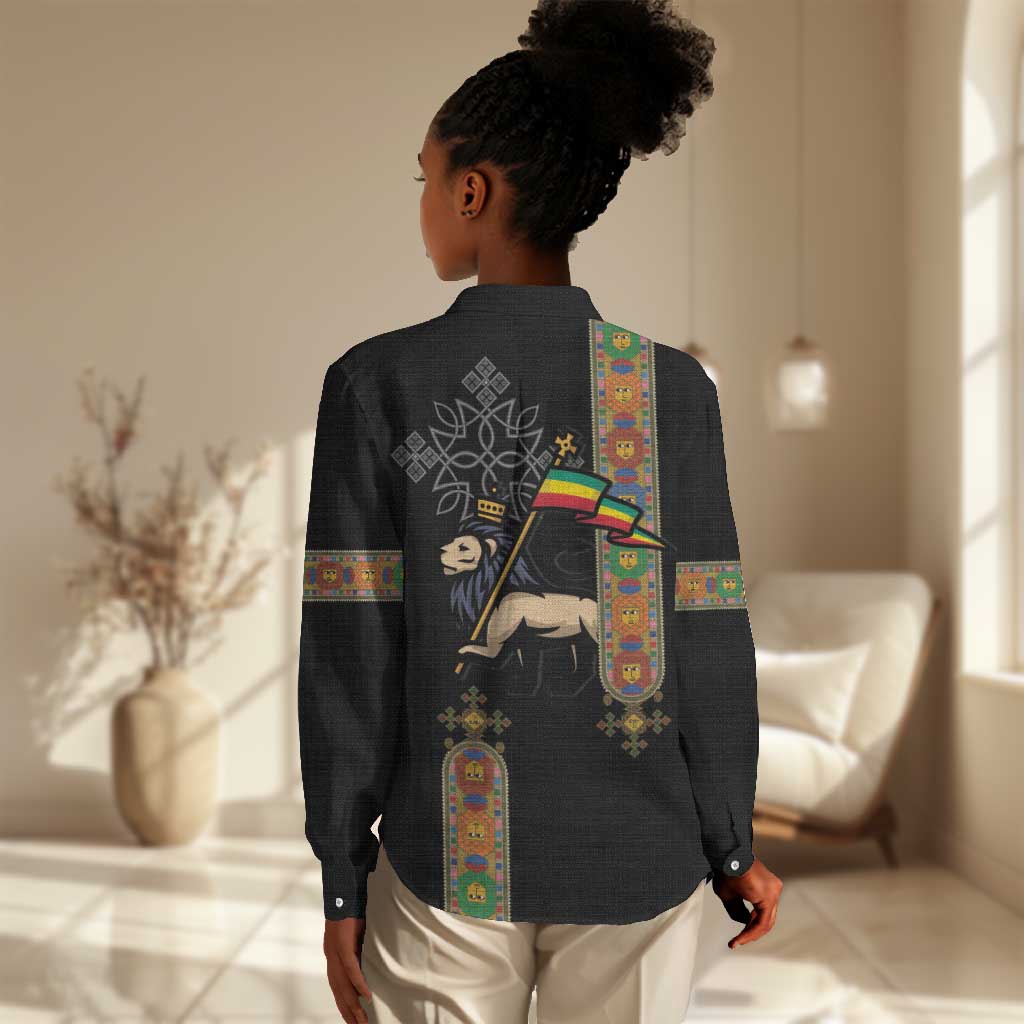 Ethiopia Saba Kemis Women Casual Shirt Lion Of Judah Black Color LT15