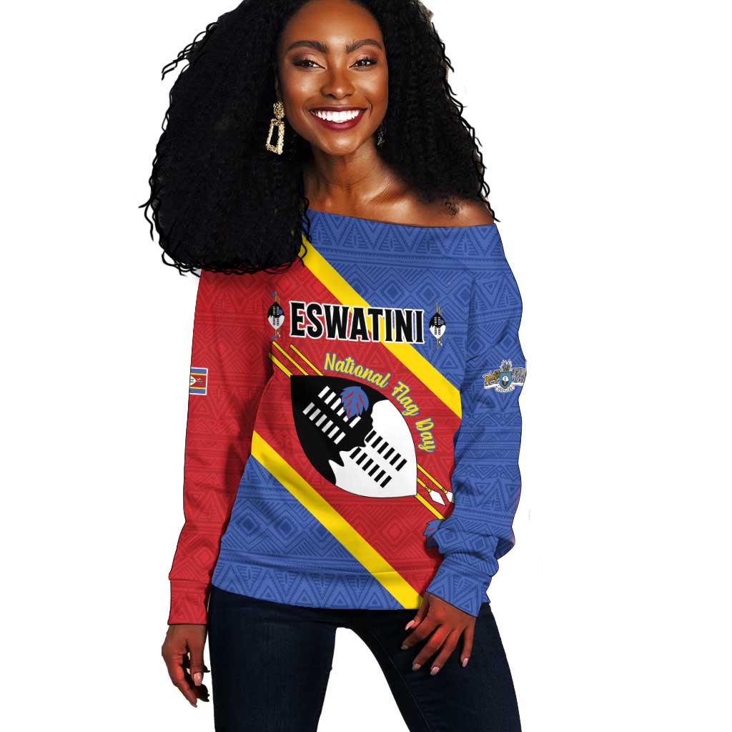 Personalized Happy Swaziland National Flag Day Off Shoulder Sweater Nguni Shield Flag Style - African Pattern LT15