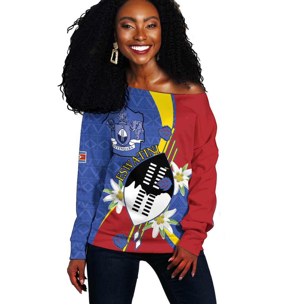 Umbuso weSwatini Off Shoulder Sweater Nguni Shield Edelweiss Flower LT15