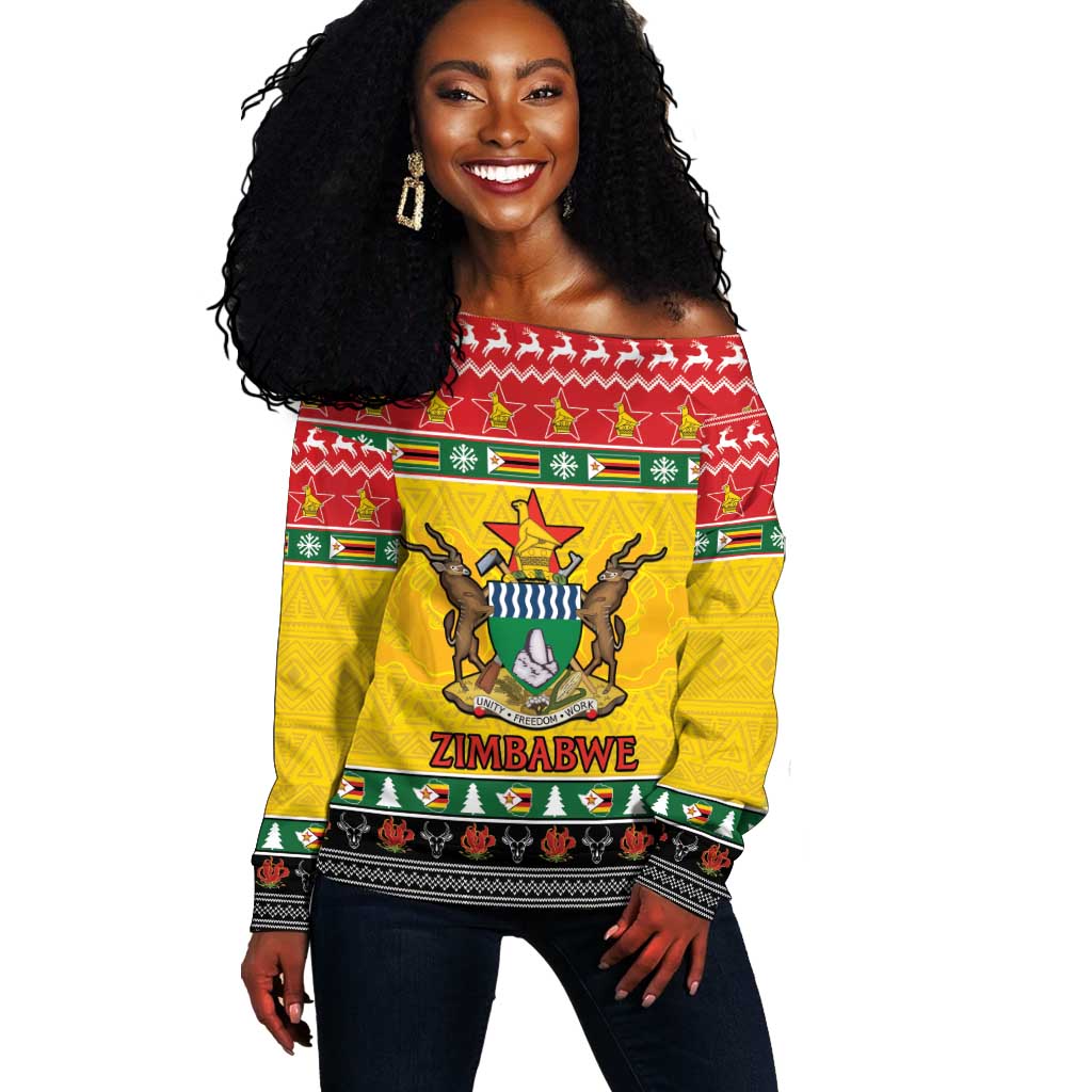 Afro Zimbabwe Christmas Off Shoulder Sweater Coat Of Arms - African Pattern LT15