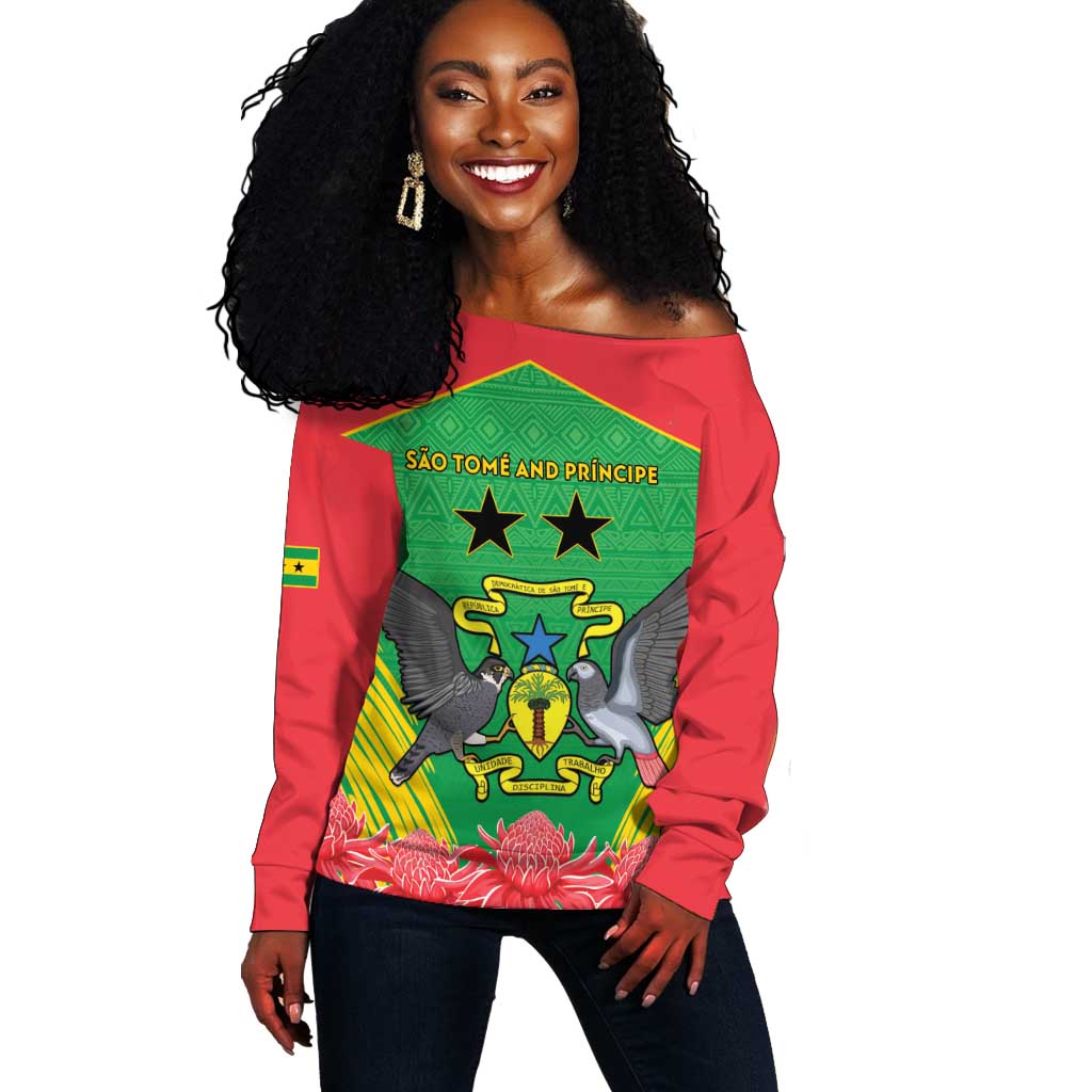 Personalized Afro Sao Tome and Principe Off Shoulder Sweater Coat Of Arms - African Pattern LT15