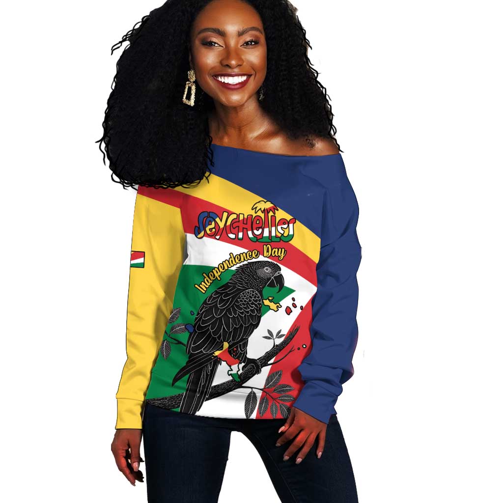 Personalized Happy Seychelles Independence Day Off Shoulder Sweater Black Parrot Coat Of Arms LT15