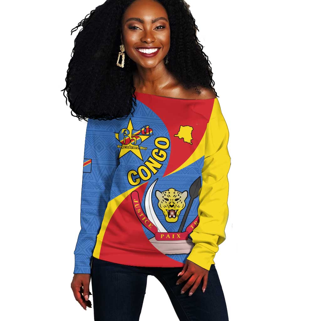 Congo-Kinshasa Independence Day Off Shoulder Sweater Coat Of Arms - African Pattern LT15