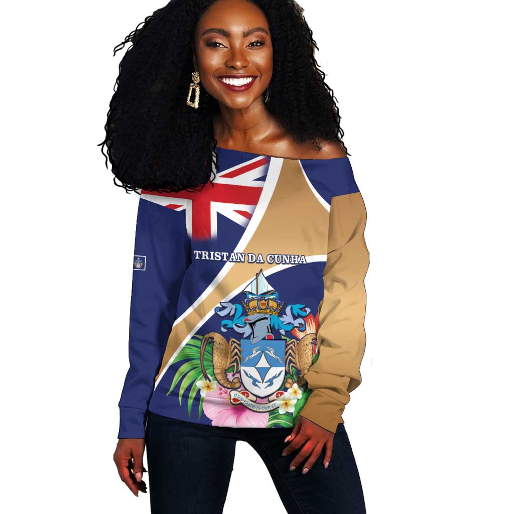 Personalized Tristan da Cunha Off Shoulder Sweater Coat Of Arms Tropical Flowers LT15