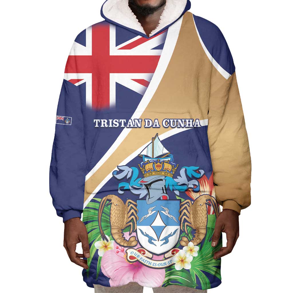 Personalized Tristan da Cunha Wearable Blanket Hoodie Coat Of Arms Tropical Flowers LT15