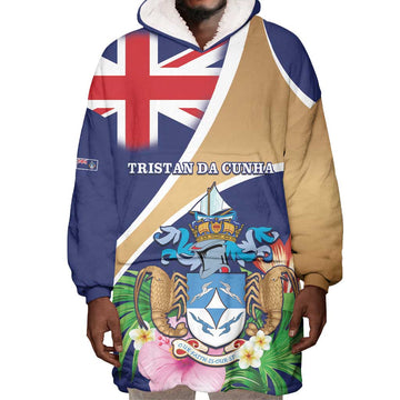 Personalized Tristan da Cunha Wearable Blanket Hoodie Coat Of Arms Tropical Flowers LT15
