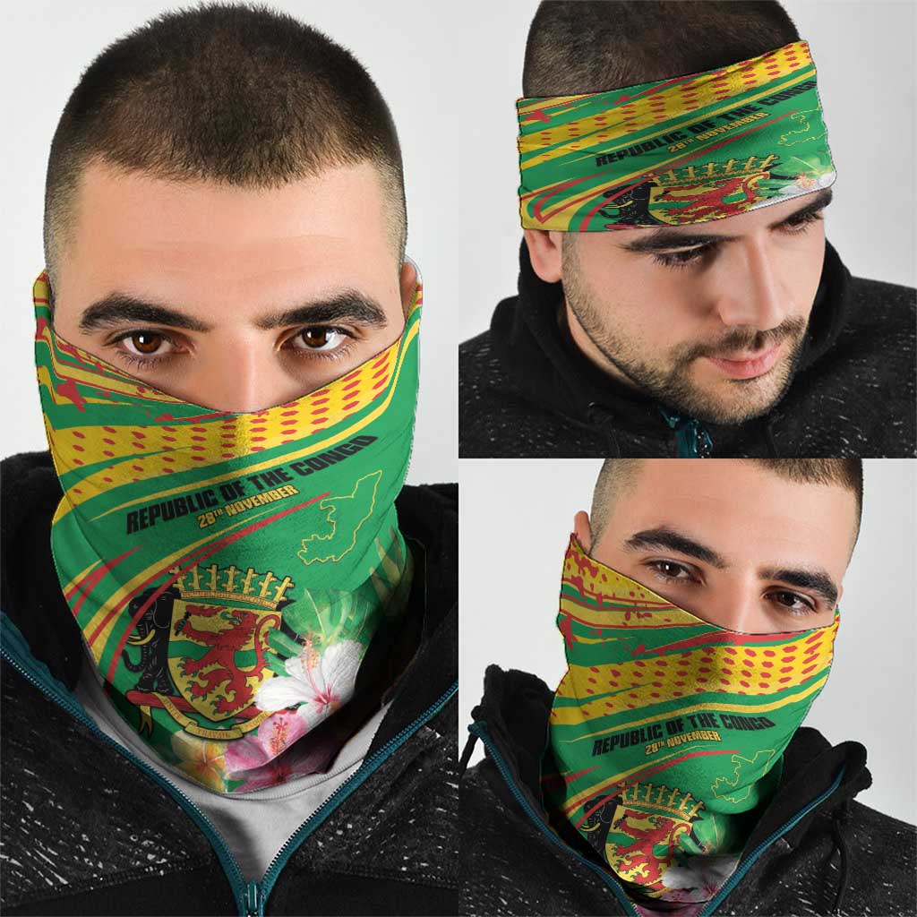 Congo Republic Day Neck Gaiter Coat Of Arms With Tropical Flower LT15