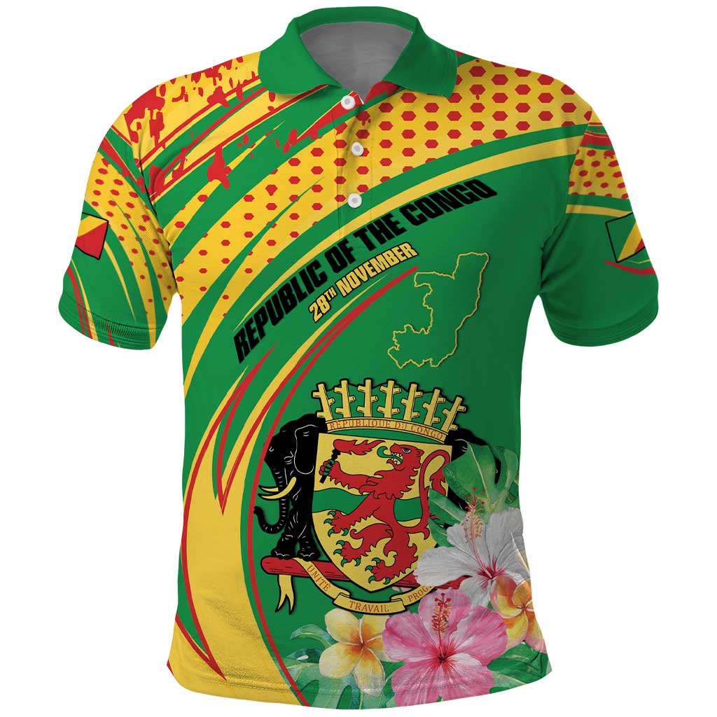 Personalized Congo Republic Day Polo Shirt Coat Of Arms With Tropical Flower LT15