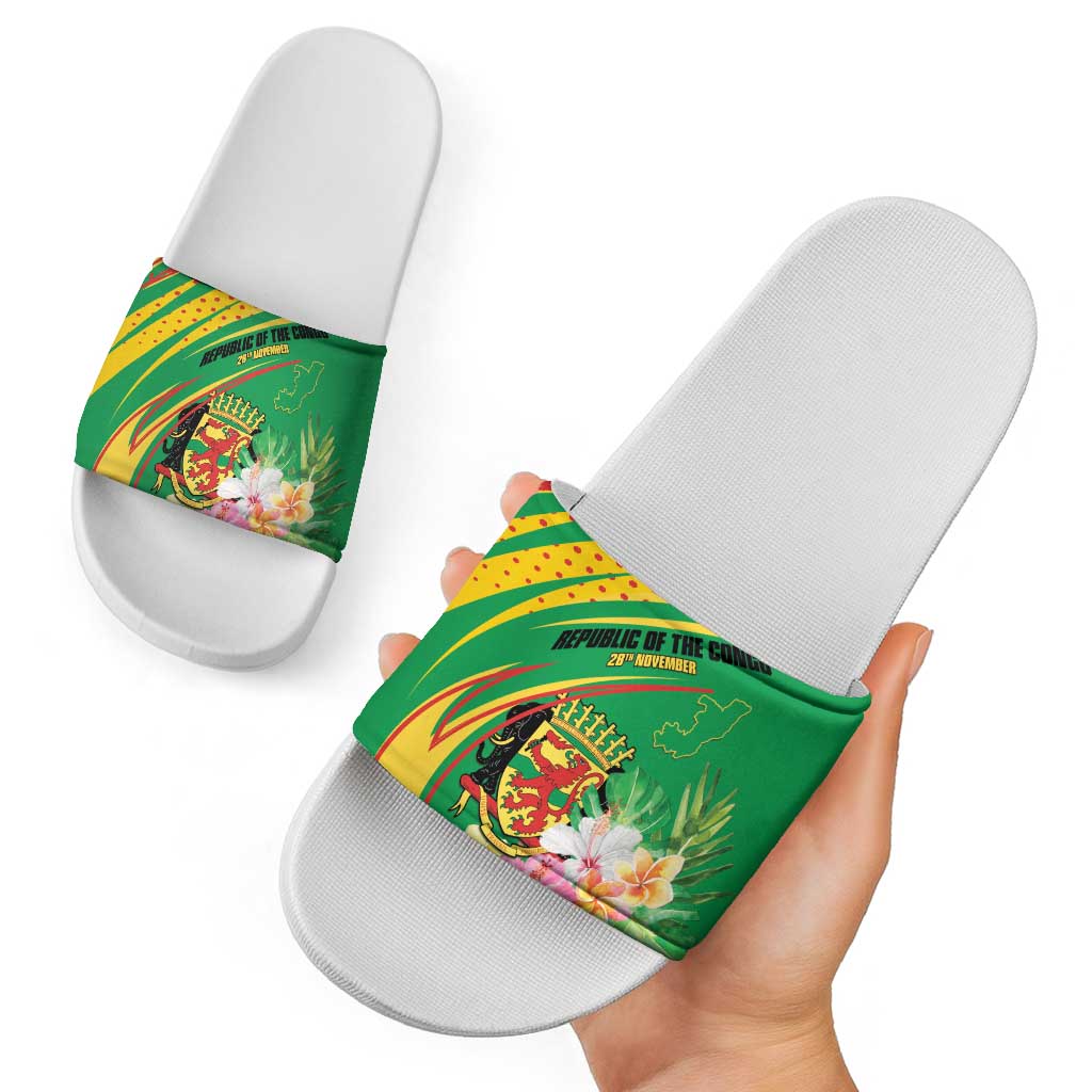 Congo Republic Day Slide Sandals Coat Of Arms With Tropical Flower LT15