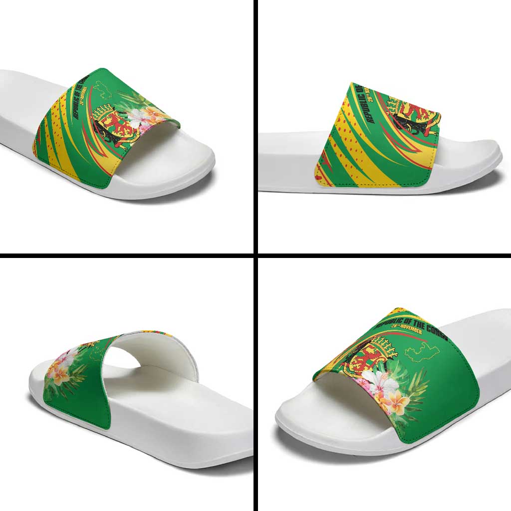 Congo Republic Day Slide Sandals Coat Of Arms With Tropical Flower LT15