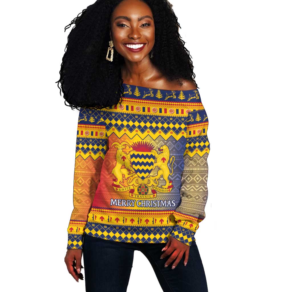 Afro Chad Christmas Off Shoulder Sweater Coat Of Arms With African Pattern LT15