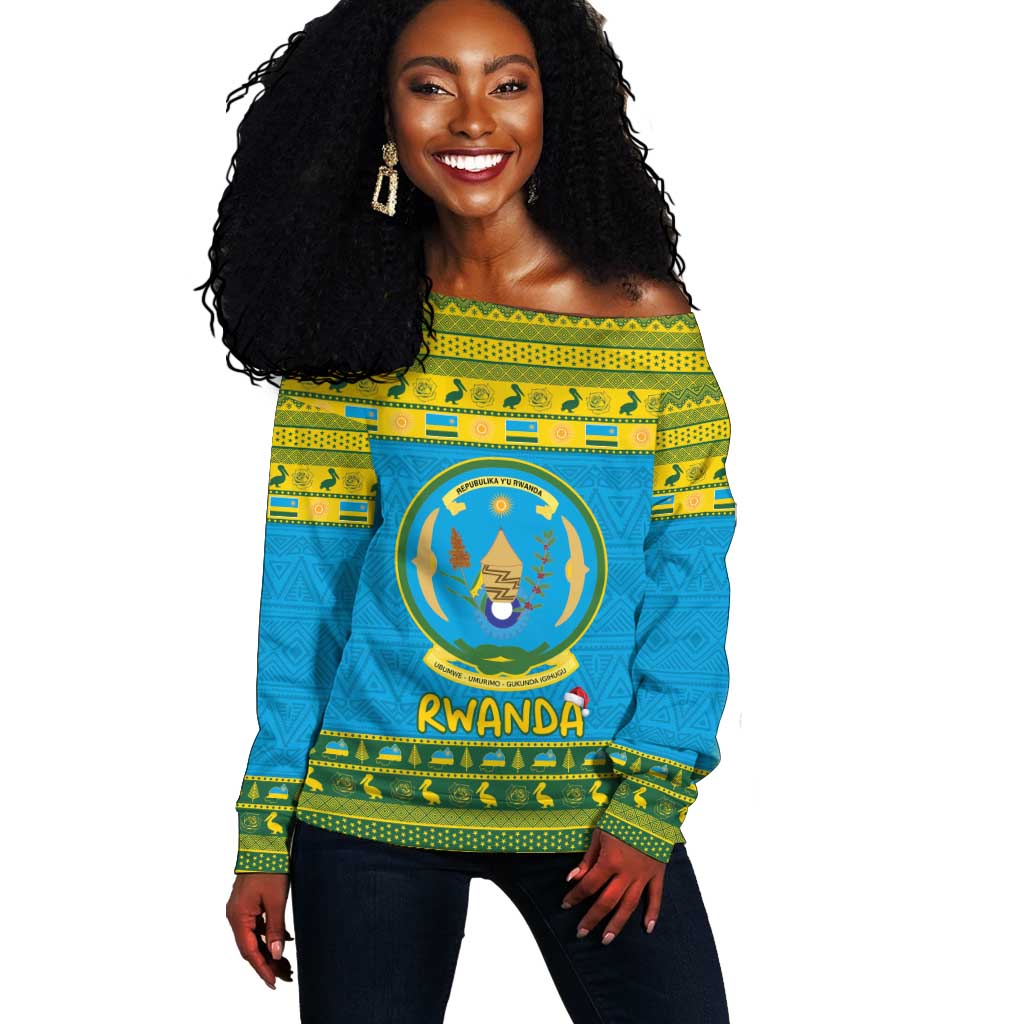 Afro Rwanda Christmas Off Shoulder Sweater Noheli Nziza Coat Of Arms - African Pattern LT15