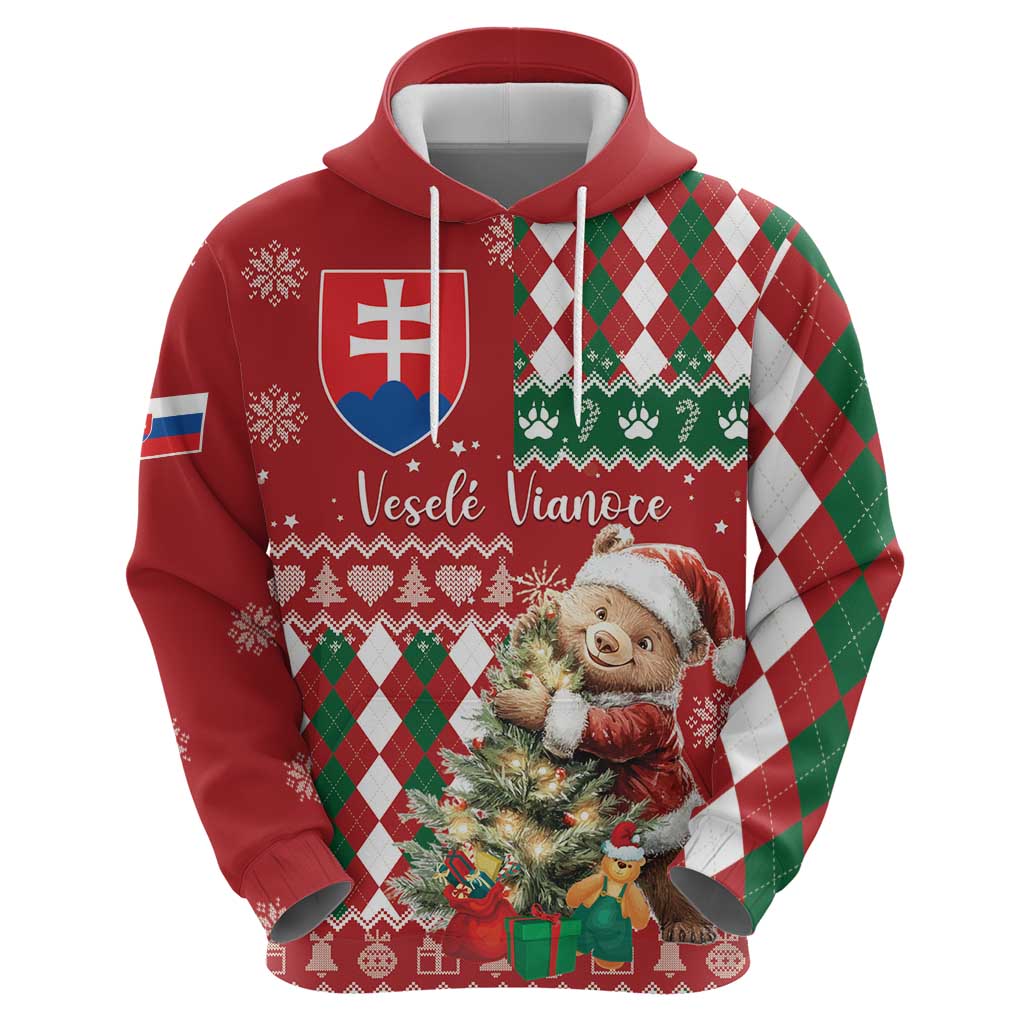 Personalised Slovakia Christmas Hoodie Brown Bear Mix Argyle Pattern LT15