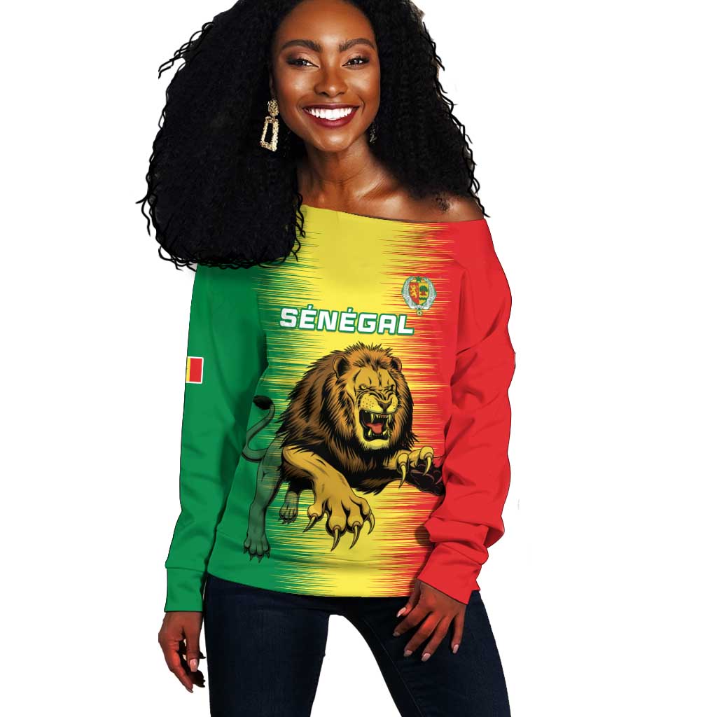 Custom Afro Senegal Football Off Shoulder Sweater Lions of Teranga - Flag Style LT15