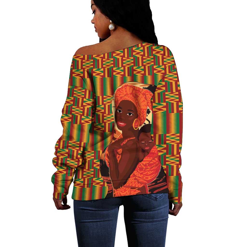 African Happy Mother's Day Off Shoulder Sweater Black Mothers Kente Pattern LT15