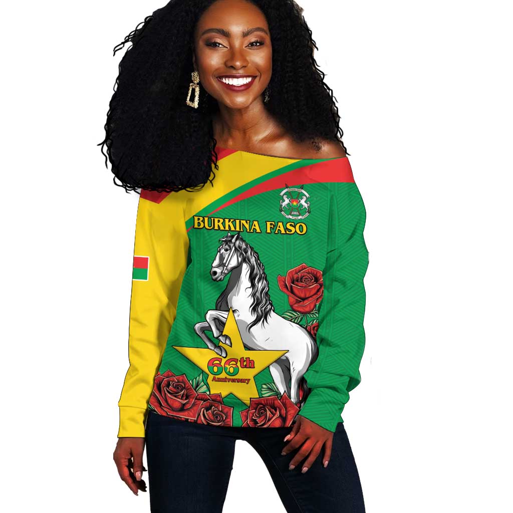 Personalized Burkina Faso Off Shoulder Sweater White Stallion With Red Rose - Republic Day LT15
