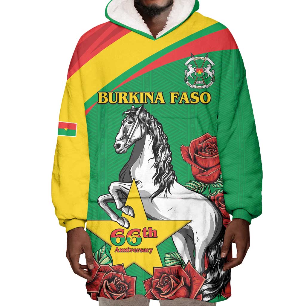 Personalized Burkina Faso Wearable Blanket Hoodie White Stallion With Red Rose - Republic Day LT15