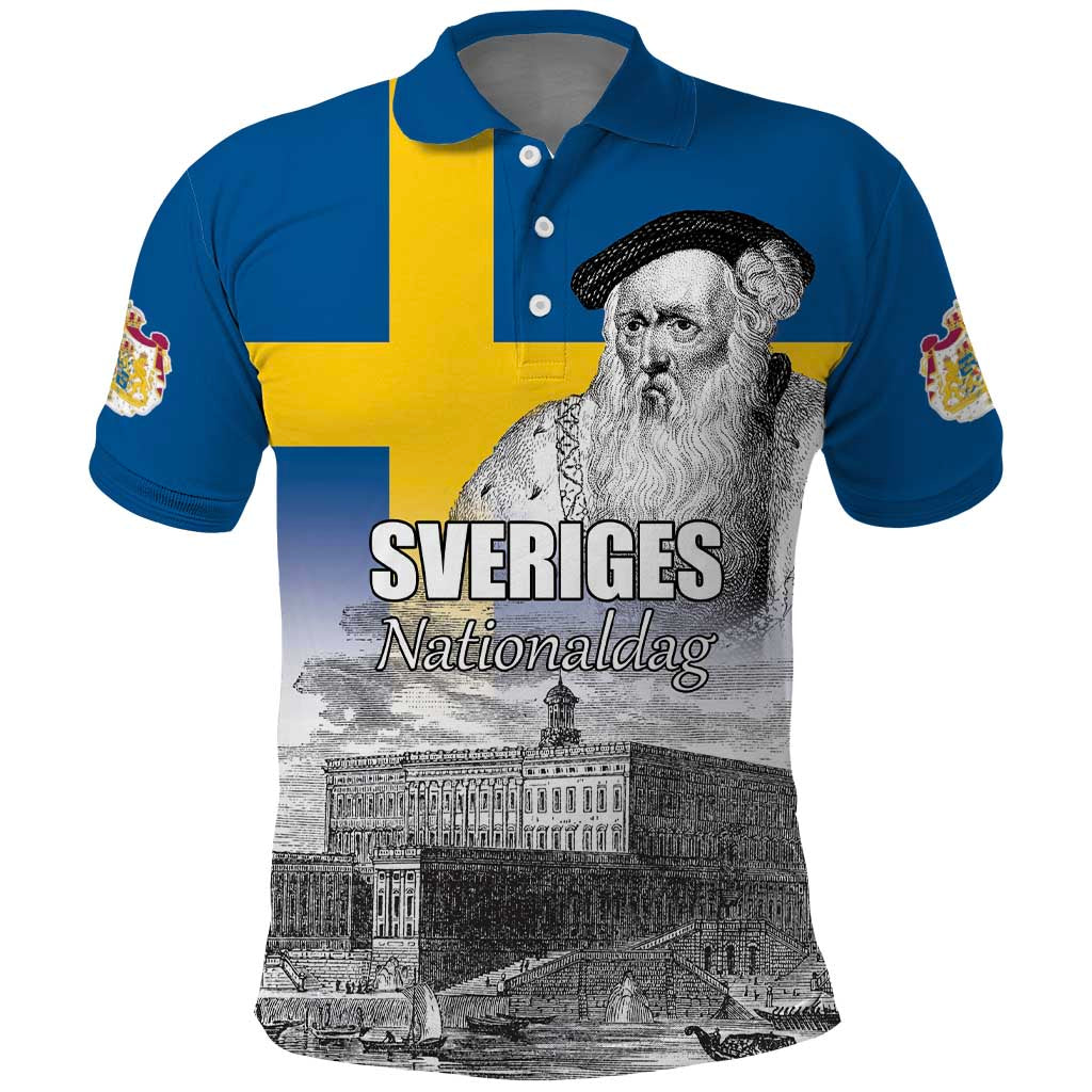 Sweden Sveriges Nationaldag Polo Shirt King Gustav Vasa with Stockholm Slott LT17
