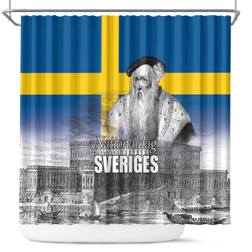 Sweden Sveriges Nationaldag Shower Curtain King Gustav Vasa with Stockholm Slott LT17