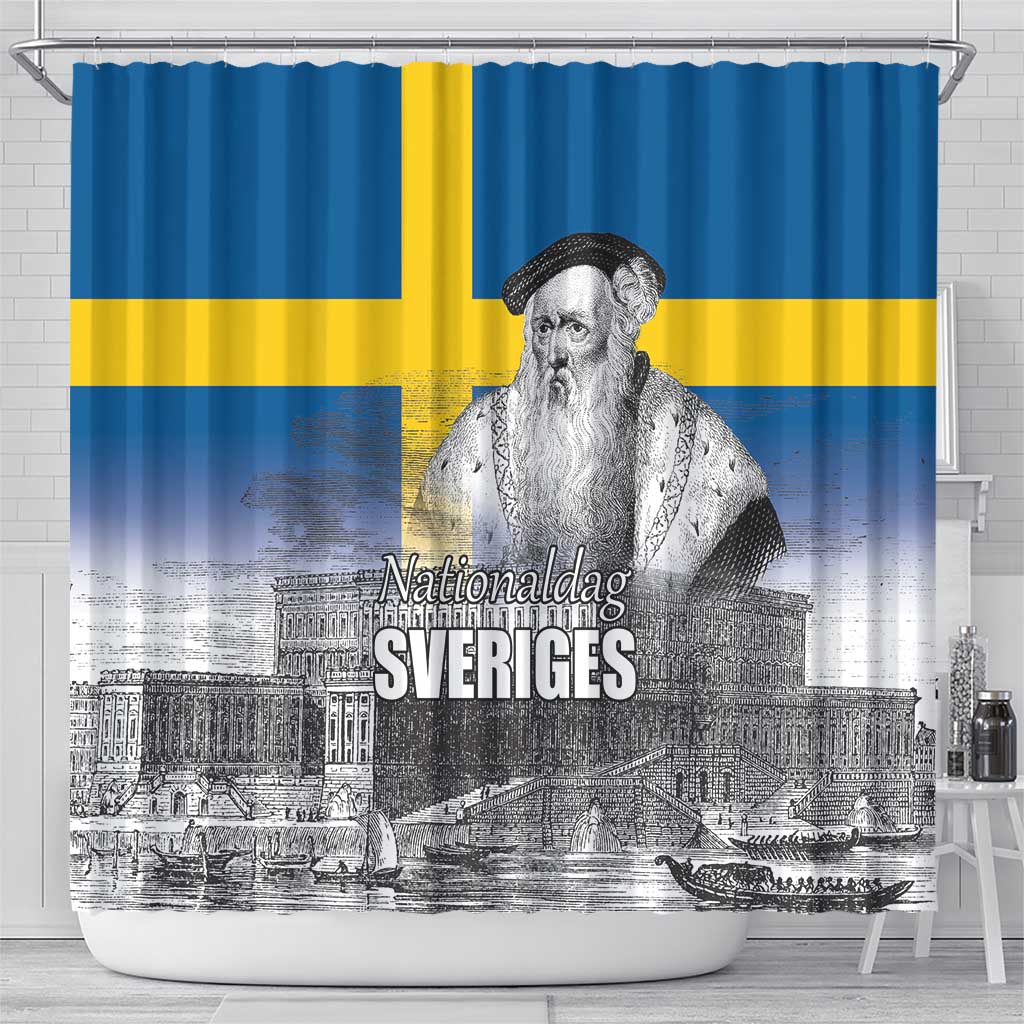Sweden Sveriges Nationaldag Shower Curtain King Gustav Vasa with Stockholm Slott LT17