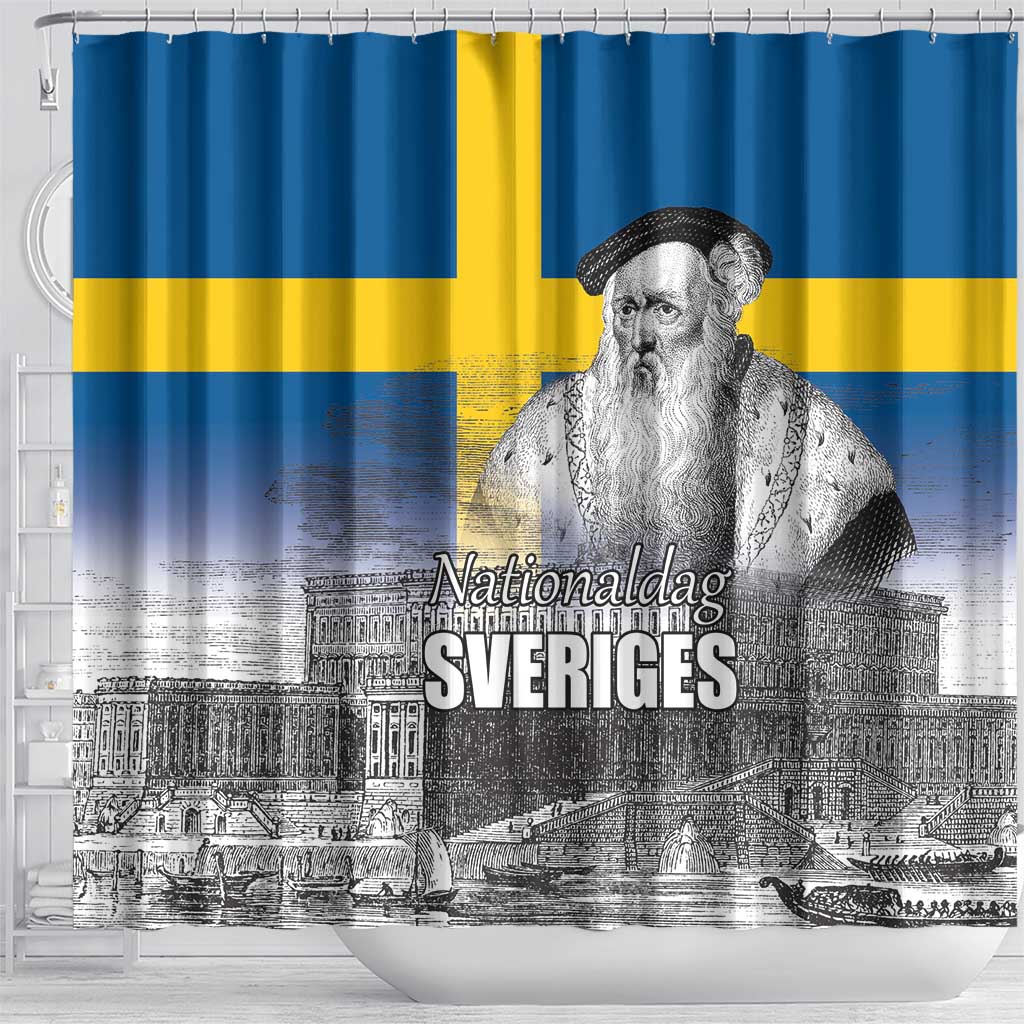 Sweden Sveriges Nationaldag Shower Curtain King Gustav Vasa with Stockholm Slott LT17