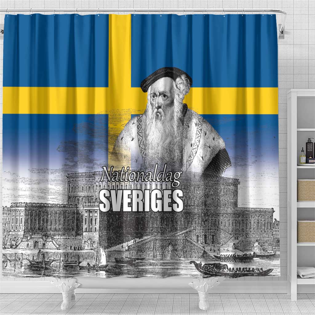 Sweden Sveriges Nationaldag Shower Curtain King Gustav Vasa with Stockholm Slott LT17