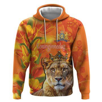 Personalized Netherlands Koninginnedag Hoodie 30th April Lioness with Orange Tulip LT17