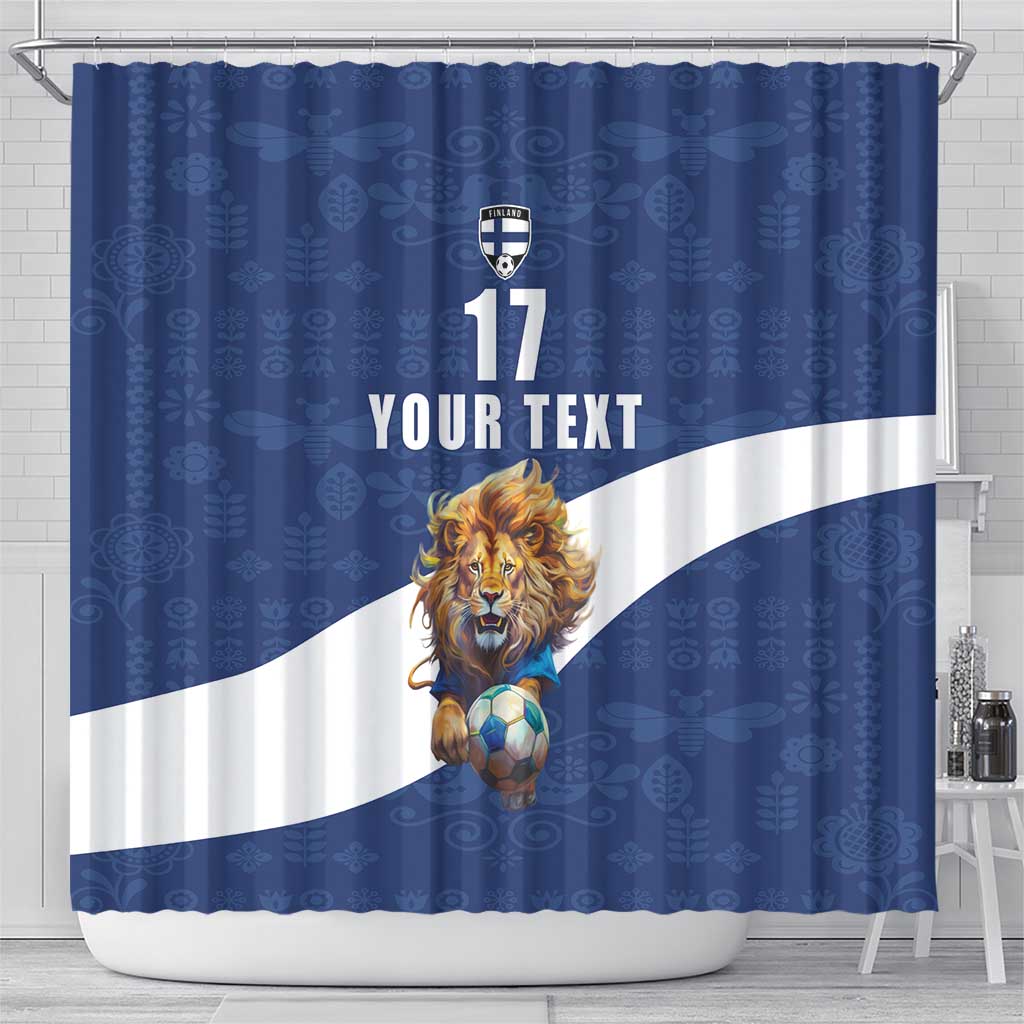 Custom Finland Football Lion Mascot Shower Curtain Huuhkajat with Finnish Folk Paterns LT17
