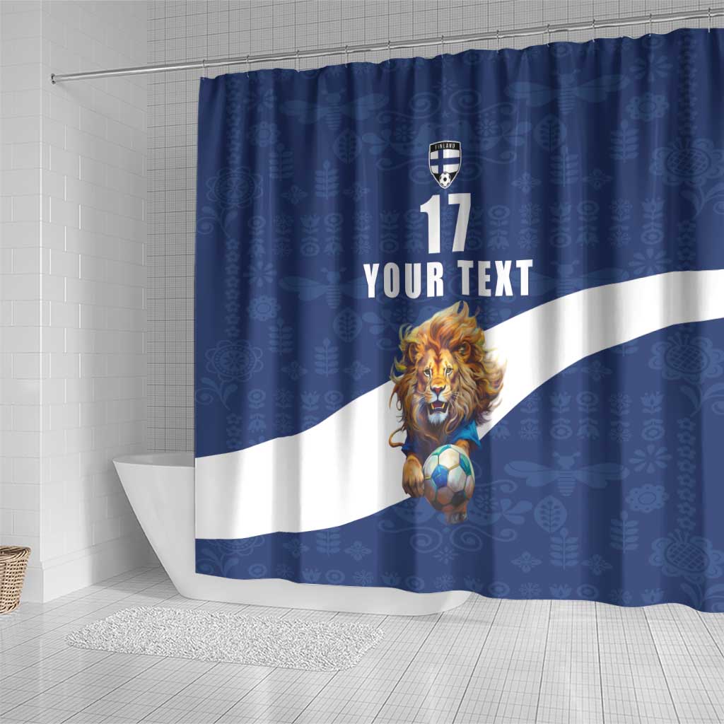 Custom Finland Football Lion Mascot Shower Curtain Huuhkajat with Finnish Folk Paterns LT17