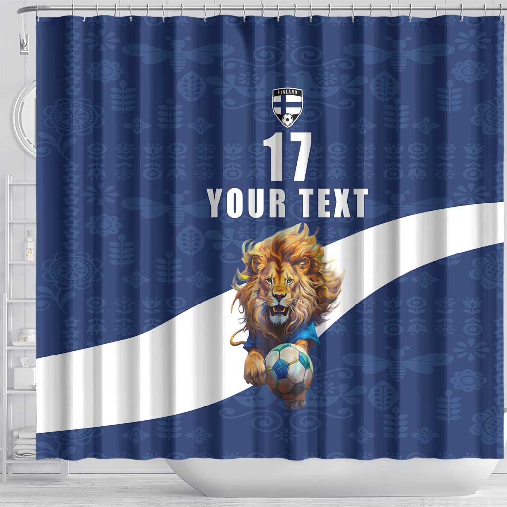 Custom Finland Football Lion Mascot Shower Curtain Huuhkajat with Finnish Folk Paterns LT17