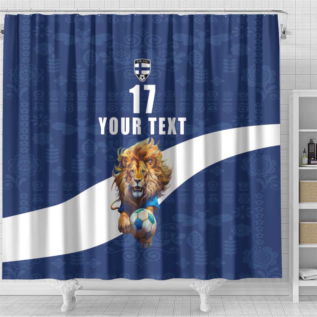 Custom Finland Football Lion Mascot Shower Curtain Huuhkajat with Finnish Folk Paterns LT17