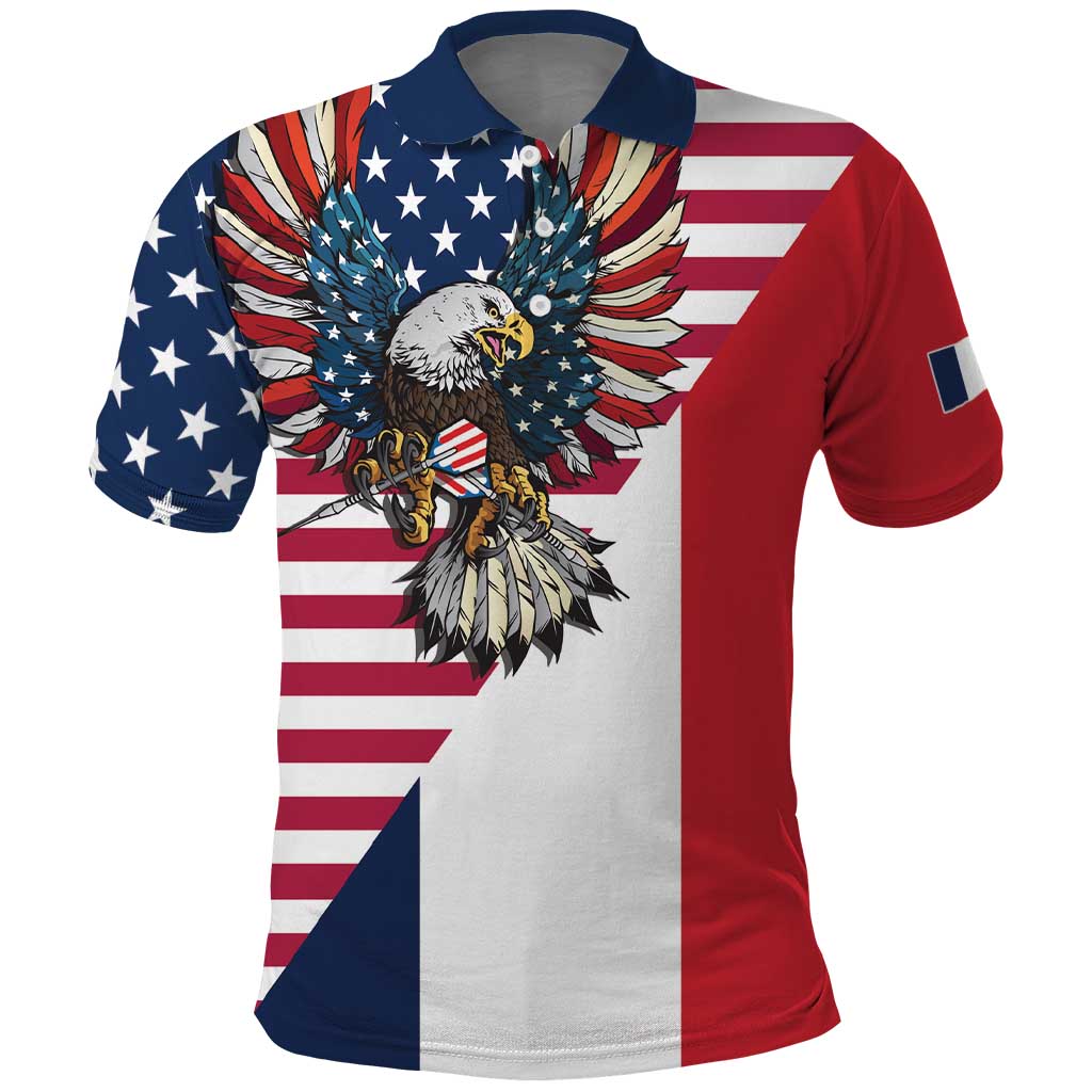 French American Heritage Month Polo Shirt Flag Style with USA Eagle and Eiffel Tower LT17