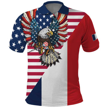 French American Heritage Month Polo Shirt Flag Style with USA Eagle and Eiffel Tower LT17