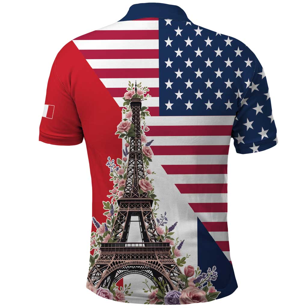 French American Heritage Month Polo Shirt Flag Style with USA Eagle and Eiffel Tower LT17