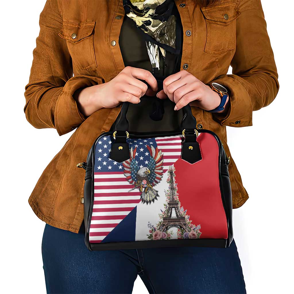 French American Heritage Month Shoulder Handbag Flag Style with USA Eagle and Eiffel Tower LT17
