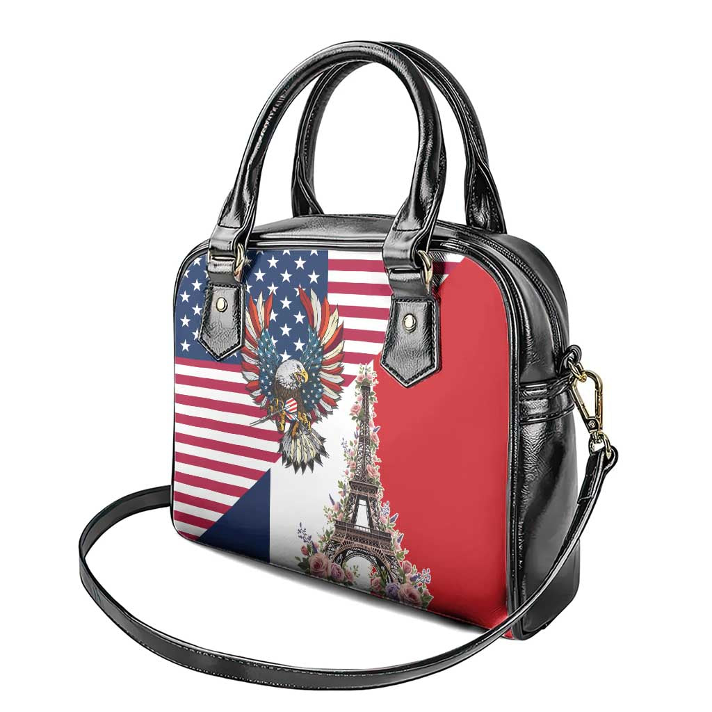 French American Heritage Month Shoulder Handbag Flag Style with USA Eagle and Eiffel Tower LT17