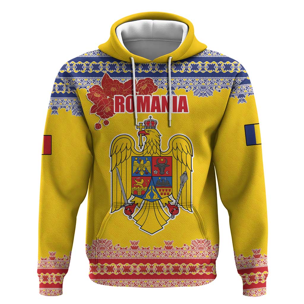 Personalized Vintage Romania Coat of Arms Hoodie Golden Eagle with Romanian Peony LT17