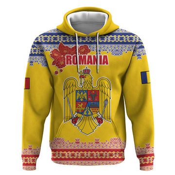 Personalized Vintage Romania Coat of Arms Hoodie Golden Eagle with Romanian Peony LT17