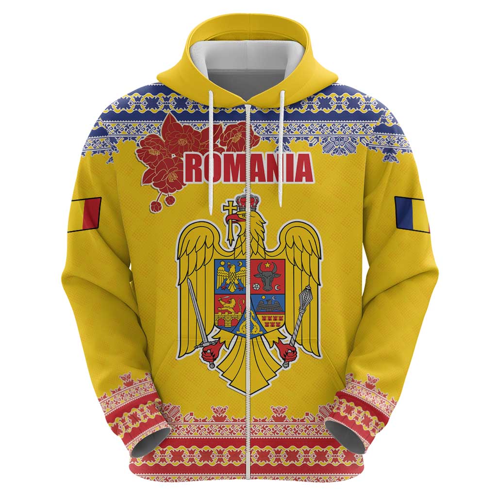 Personalized Vintage Romania Coat of Arms Hoodie Golden Eagle with Romanian Peony LT17